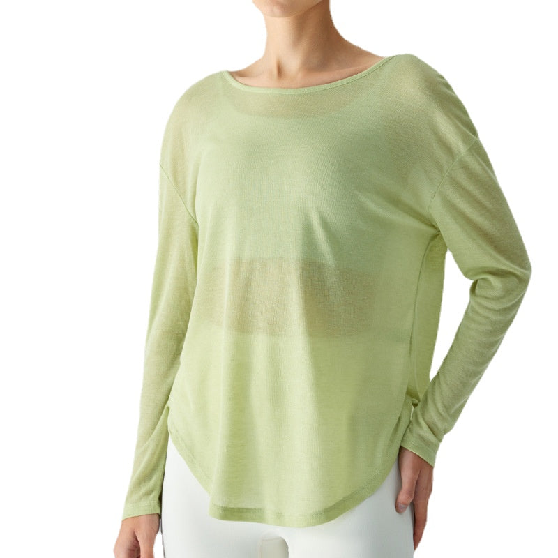 Ningbo Big Tree Beauty Back Yoga Clothes Blouse Long Sleeve Loose Mesh Ultra-Thin Quick-Drying Workout Top Blouse Solid Color