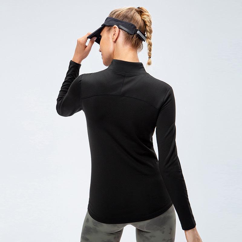 Women's Autumn Winter Velvet Sport Long Sleeve High Elastic Tight Running Training Fitness Yoga Wear Stand Collar Sweater