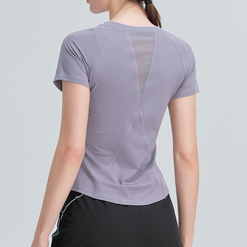Women's Slim-Fit Yoga Wear Short Sleeve round Neck Exercise T-shirt Mesh Breathable High Elastic Quick-Drying Running Workout