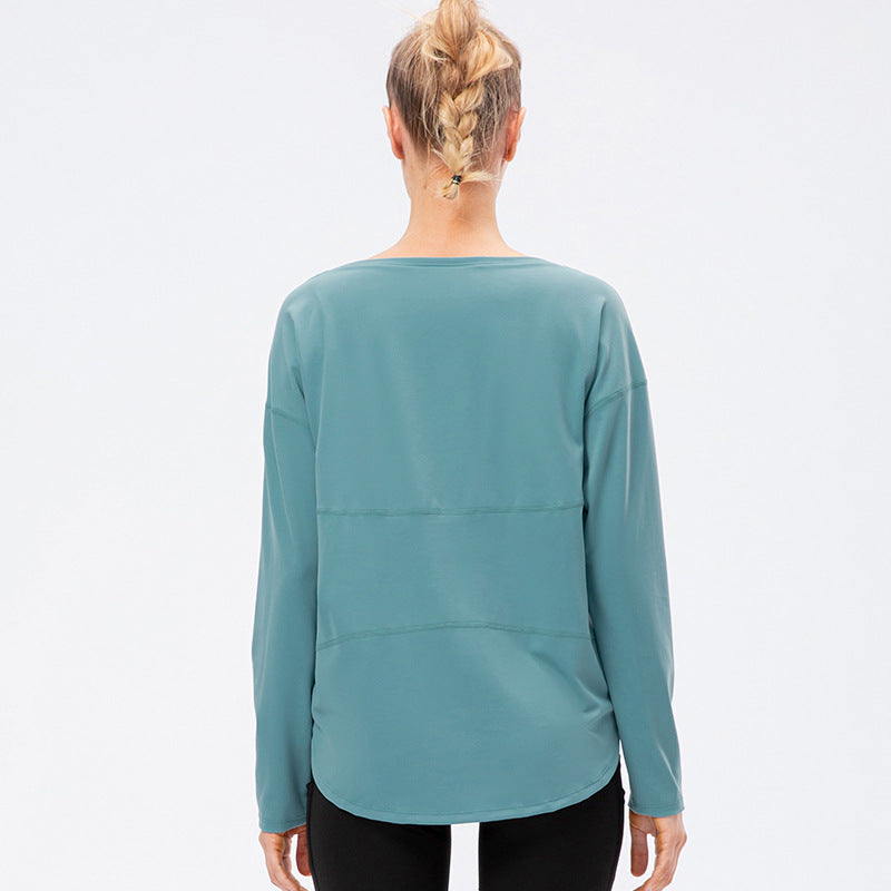 Women's Autumn Winter New off-Neck Sports Long Sleeve T Shirts Loose Nylon Nude Feel Yoga Clothes Workout Running Top