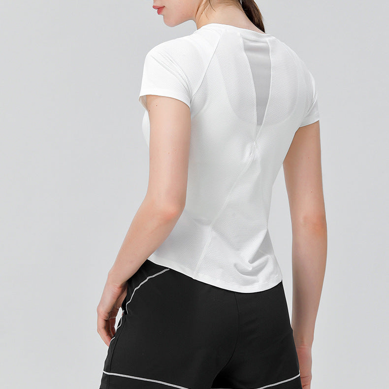 Women's Slim-Fit Yoga Wear Short Sleeve round Neck Exercise T-shirt Mesh Breathable High Elastic Quick-Drying Running Workout