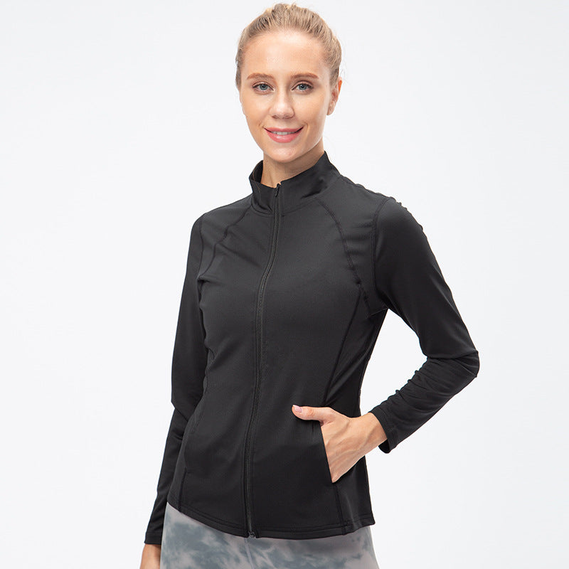 Women's Autumn Winter Zipper Long-Sleeved Sports Jacket Tight Fitness Yoga Clothes Stretch Quick-Drying Running Top