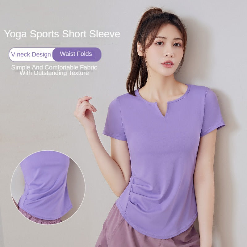 Summer V-neck Women's Quick-Dryin Waist Tight Loose Running Workout Slimming Yoga Clothes Short-Sleeved Sports T-shirt