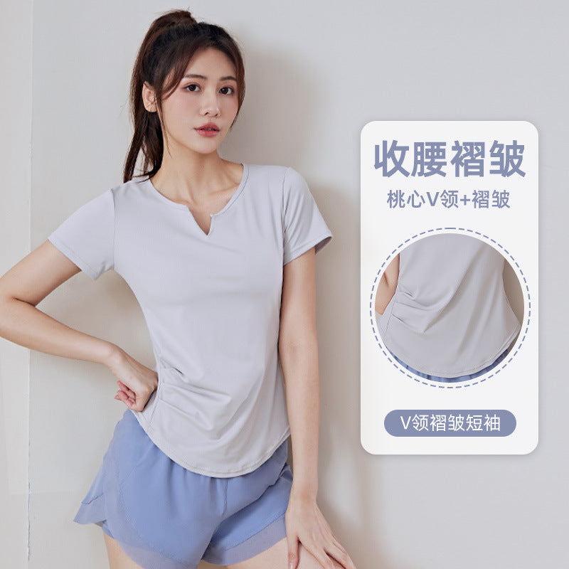 Summer V-neck Women's Quick-Dryin Waist Tight Loose Running Workout Slimming Yoga Clothes Short-Sleeved Sports T-shirt