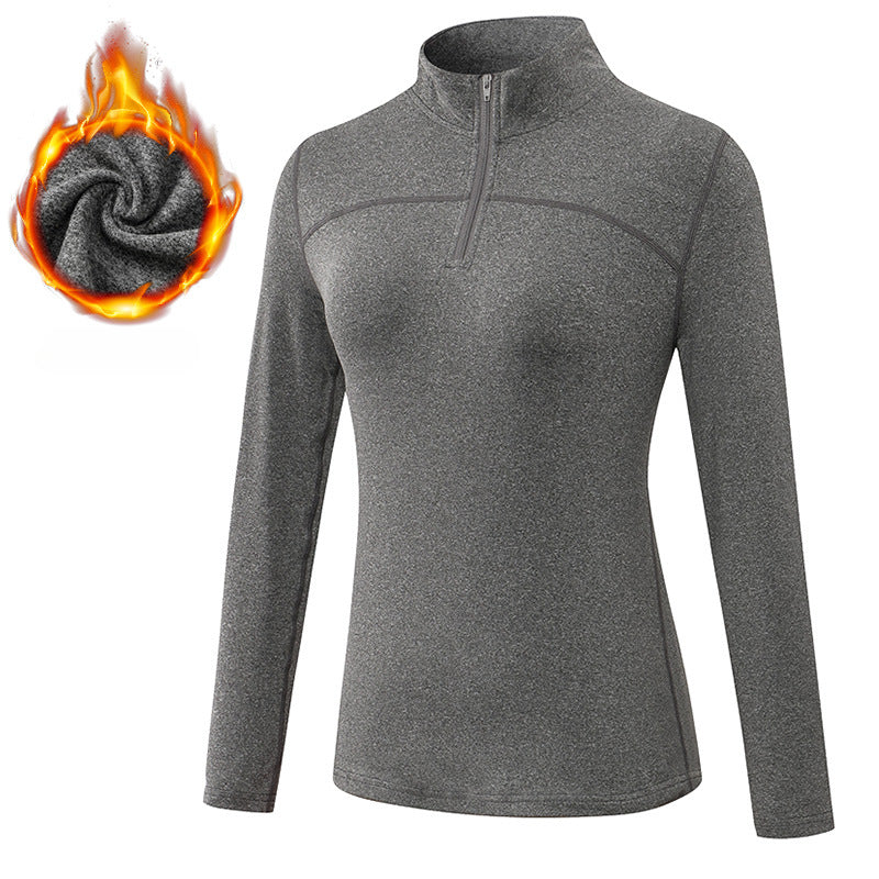 Women's Autumn Winter Velvet Sport Long Sleeve High Elastic Tight Running Training Fitness Yoga Wear Stand Collar Sweater