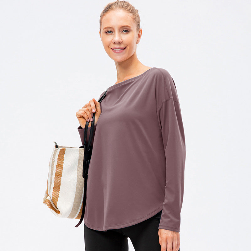 Women's Autumn Winter New off-Neck Sports Long Sleeve T Shirts Loose Nylon Nude Feel Yoga Clothes Workout Running Top