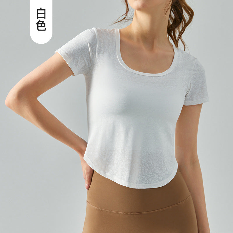 Jacquard Hollow-out Yoga Short Sleeve Sports Top Women's Short Breathable Quick-Drying T-shirt Yoga Workout Clothes