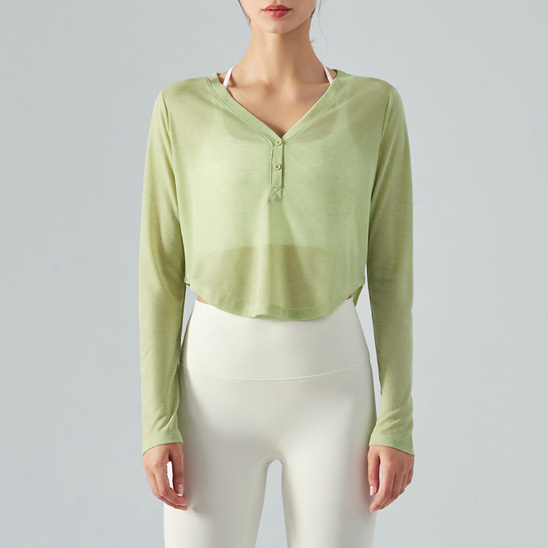 Spring Summer Loose V-neck Yoga Blouse Long-Sleeved T-shirt Casual Draping Effect Workout Top Lightweight Hollow Sports Blouse