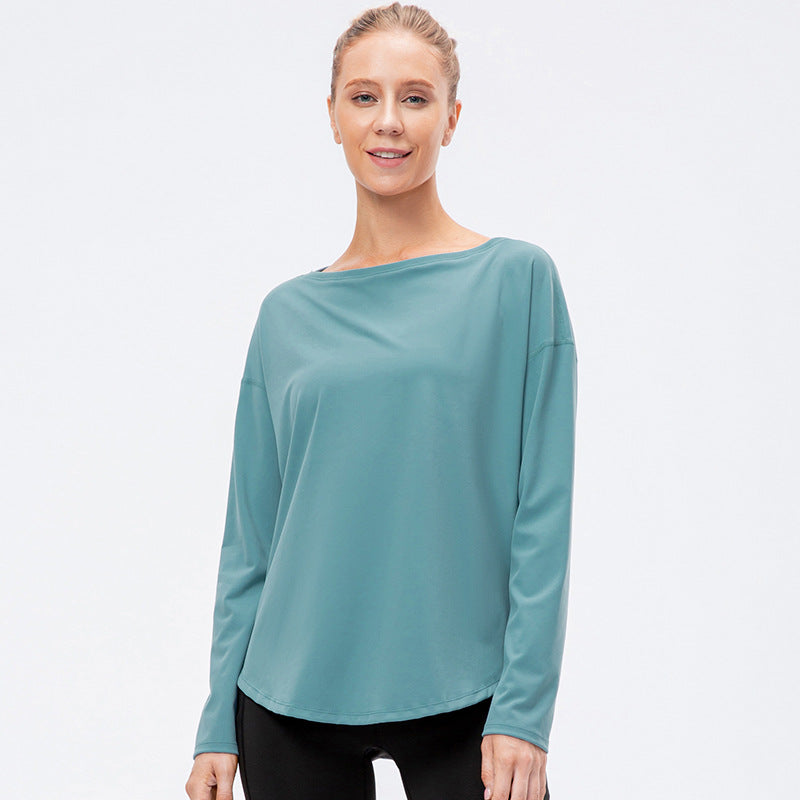Women's Autumn Winter New off-Neck Sports Long Sleeve T Shirts Loose Nylon Nude Feel Yoga Clothes Workout Running Top