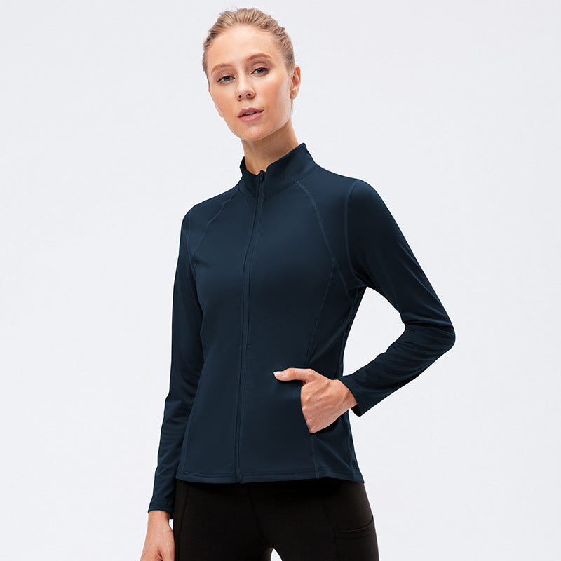 Women's Autumn Winter Zipper Long-Sleeved Sports Jacket Tight Fitness Yoga Clothes Stretch Quick-Drying Running Top