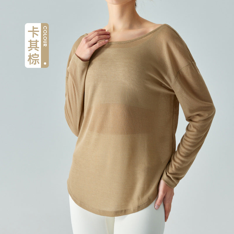 Ningbo Big Tree Beauty Back Yoga Clothes Blouse Long Sleeve Loose Mesh Ultra-Thin Quick-Drying Workout Top Blouse Solid Color