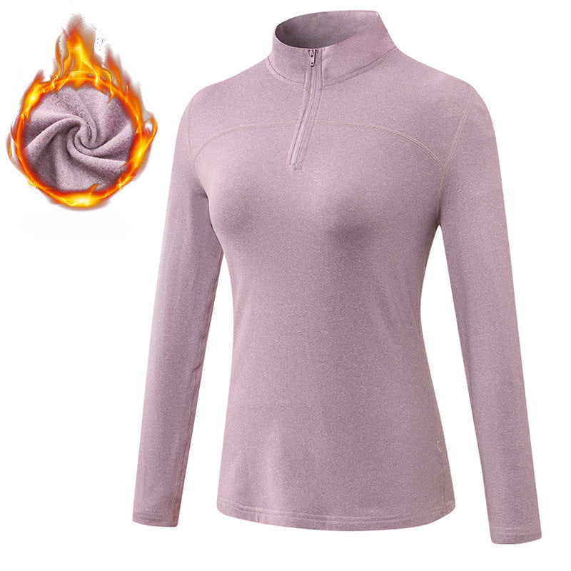 Women's Autumn Winter Velvet Sport Long Sleeve High Elastic Tight Running Training Fitness Yoga Wear Stand Collar Sweater