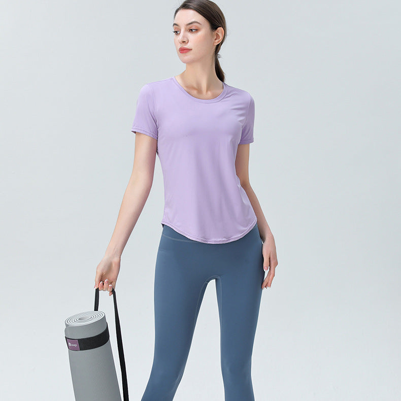 New Cool Feeling Loose Yoga Clothes Solid Color Breathable Sports T-shirt Running Fitness Moisture Wicking Quick-Drying Top