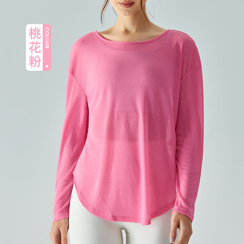 Ningbo Big Tree Beauty Back Yoga Clothes Blouse Long Sleeve Loose Mesh Ultra-Thin Quick-Drying Workout Top Blouse Solid Color