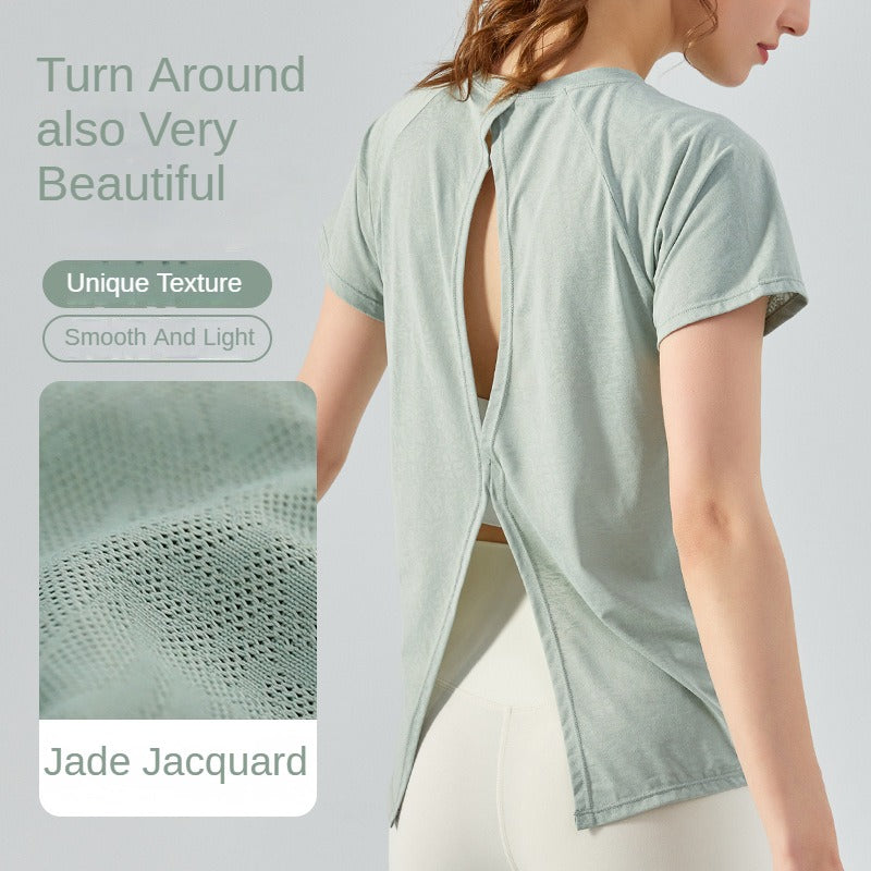 SpringSummer Jacquard Split Hollow Yoga Blouse Women's Lightweight Quick-Drying Short-Sleeved T-shirt Loose Breathable Yoga Top