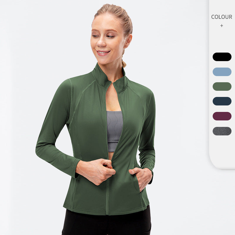 Women's Autumn Winter Zipper Long-Sleeved Sports Jacket Tight Fitness Yoga Clothes Stretch Quick-Drying Running Top