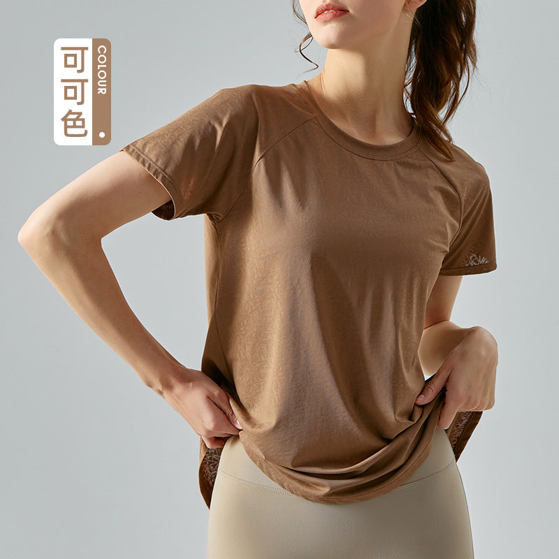 SpringSummer Jacquard Split Hollow Yoga Blouse Women's Lightweight Quick-Drying Short-Sleeved T-shirt Loose Breathable Yoga Top