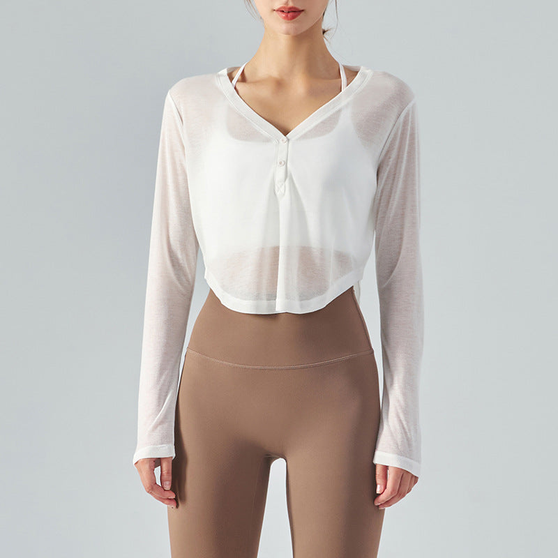 Spring Summer Loose V-neck Yoga Blouse Long-Sleeved T-shirt Casual Draping Effect Workout Top Lightweight Hollow Sports Blouse