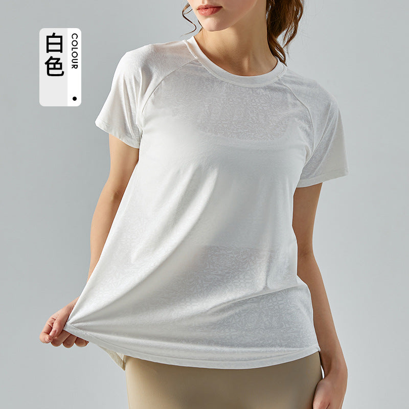 SpringSummer Jacquard Split Hollow Yoga Blouse Women's Lightweight Quick-Drying Short-Sleeved T-shirt Loose Breathable Yoga Top