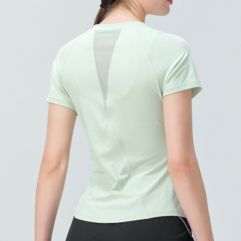 Women's Slim-Fit Yoga Wear Short Sleeve round Neck Exercise T-shirt Mesh Breathable High Elastic Quick-Drying Running Workout