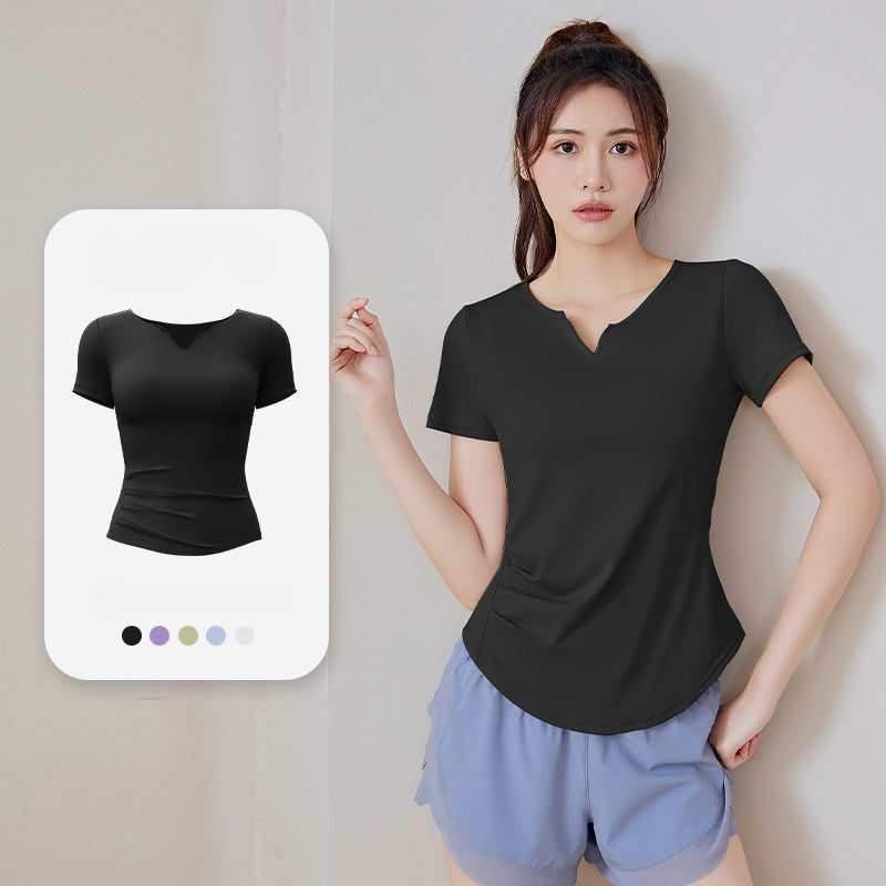 Summer V-neck Women's Quick-Dryin Waist Tight Loose Running Workout Slimming Yoga Clothes Short-Sleeved Sports T-shirt