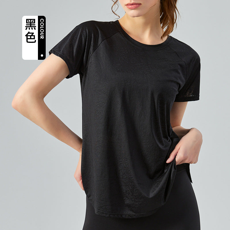 SpringSummer Jacquard Split Hollow Yoga Blouse Women's Lightweight Quick-Drying Short-Sleeved T-shirt Loose Breathable Yoga Top