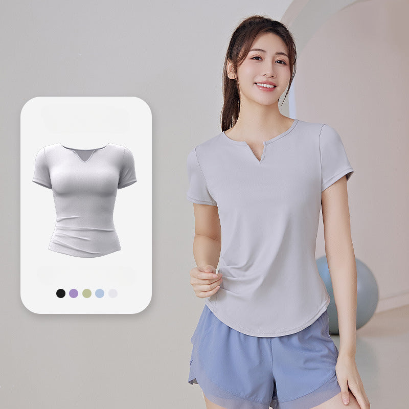 Summer V-neck Women's Quick-Dryin Waist Tight Loose Running Workout Slimming Yoga Clothes Short-Sleeved Sports T-shirt