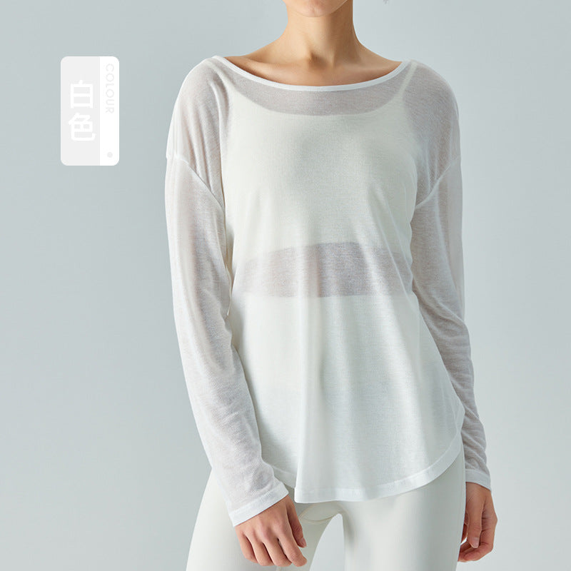 Ningbo Big Tree Beauty Back Yoga Clothes Blouse Long Sleeve Loose Mesh Ultra-Thin Quick-Drying Workout Top Blouse Solid Color