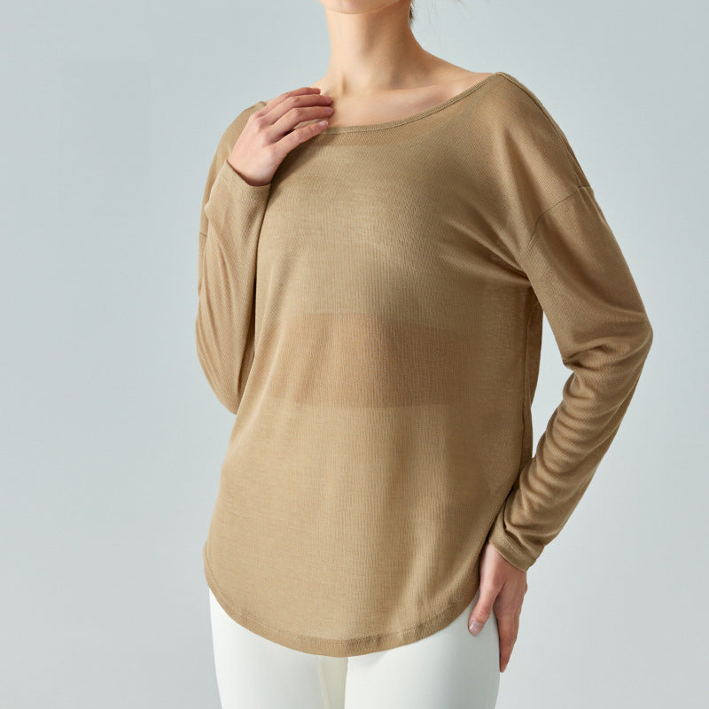 Ningbo Big Tree Beauty Back Yoga Clothes Blouse Long Sleeve Loose Mesh Ultra-Thin Quick-Drying Workout Top Blouse Solid Color