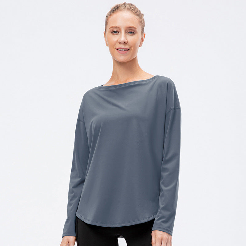 Women's Autumn Winter New off-Neck Sports Long Sleeve T Shirts Loose Nylon Nude Feel Yoga Clothes Workout Running Top