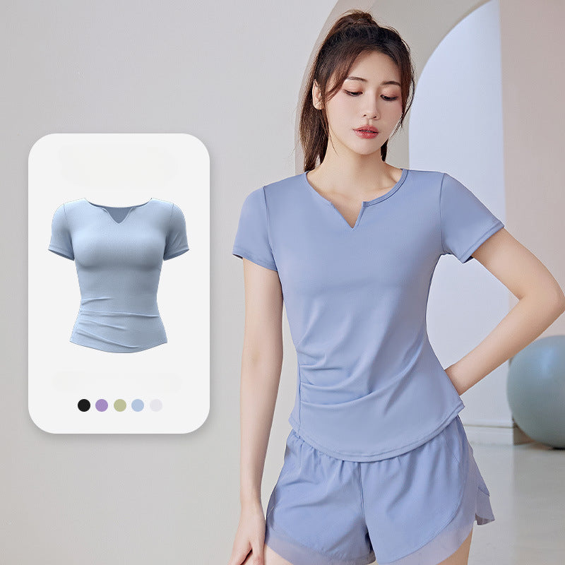 Summer V-neck Women's Quick-Dryin Waist Tight Loose Running Workout Slimming Yoga Clothes Short-Sleeved Sports T-shirt