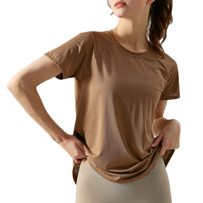 SpringSummer Jacquard Split Hollow Yoga Blouse Women's Lightweight Quick-Drying Short-Sleeved T-shirt Loose Breathable Yoga Top