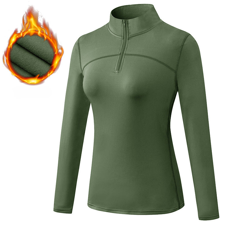 Women's Autumn Winter Velvet Sport Long Sleeve High Elastic Tight Running Training Fitness Yoga Wear Stand Collar Sweater