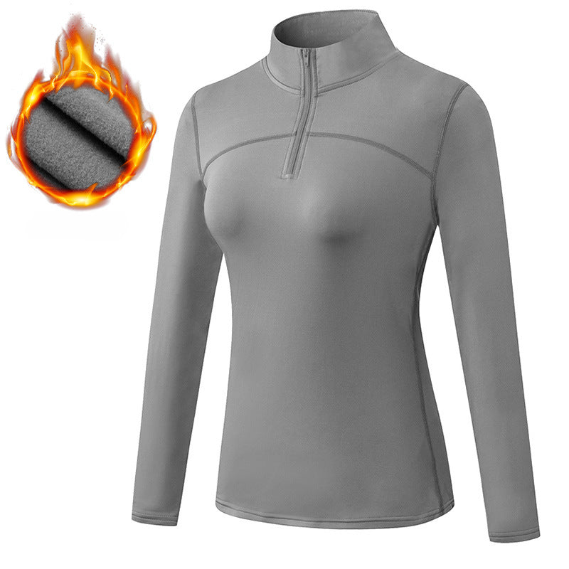 Women's Autumn Winter Velvet Sport Long Sleeve High Elastic Tight Running Training Fitness Yoga Wear Stand Collar Sweater