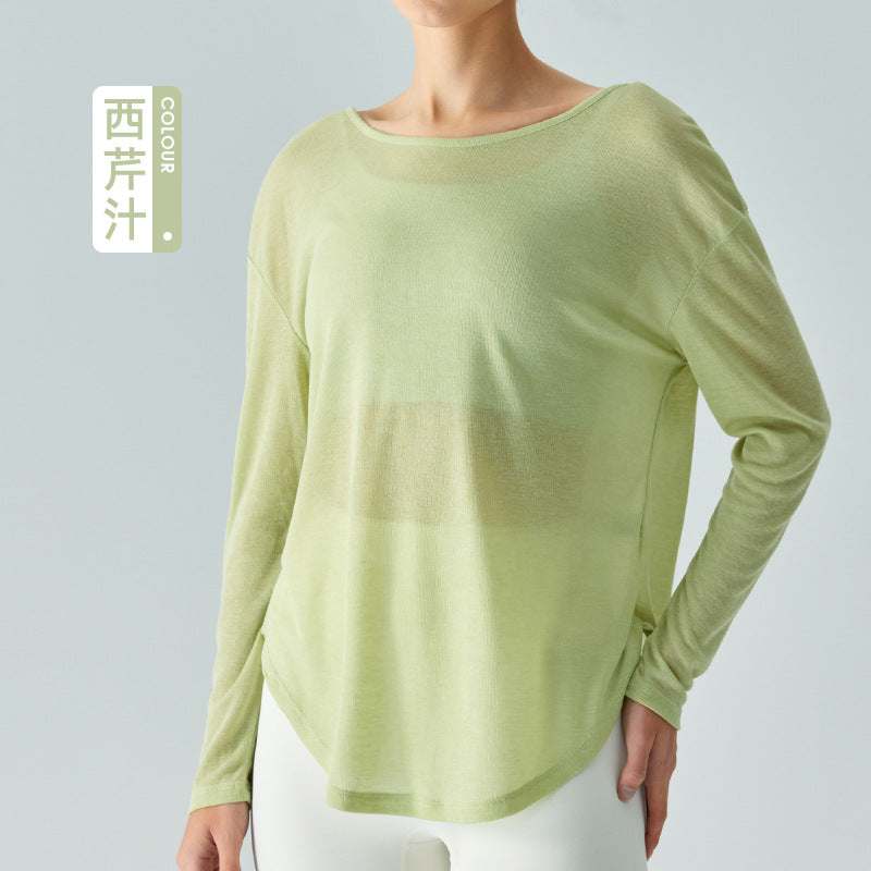 Ningbo Big Tree Beauty Back Yoga Clothes Blouse Long Sleeve Loose Mesh Ultra-Thin Quick-Drying Workout Top Blouse Solid Color