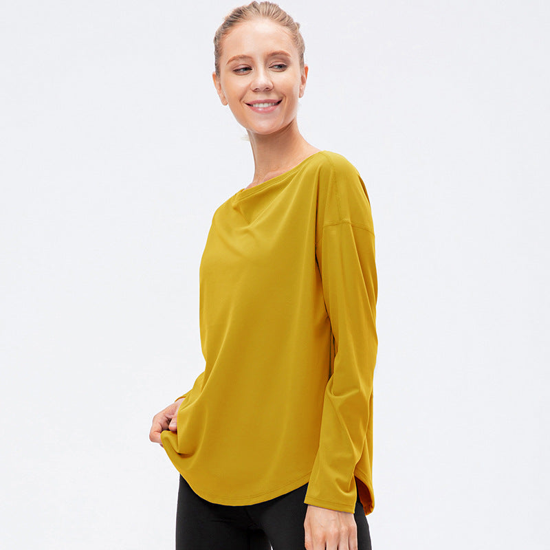 Women's Autumn Winter New off-Neck Sports Long Sleeve T Shirts Loose Nylon Nude Feel Yoga Clothes Workout Running Top