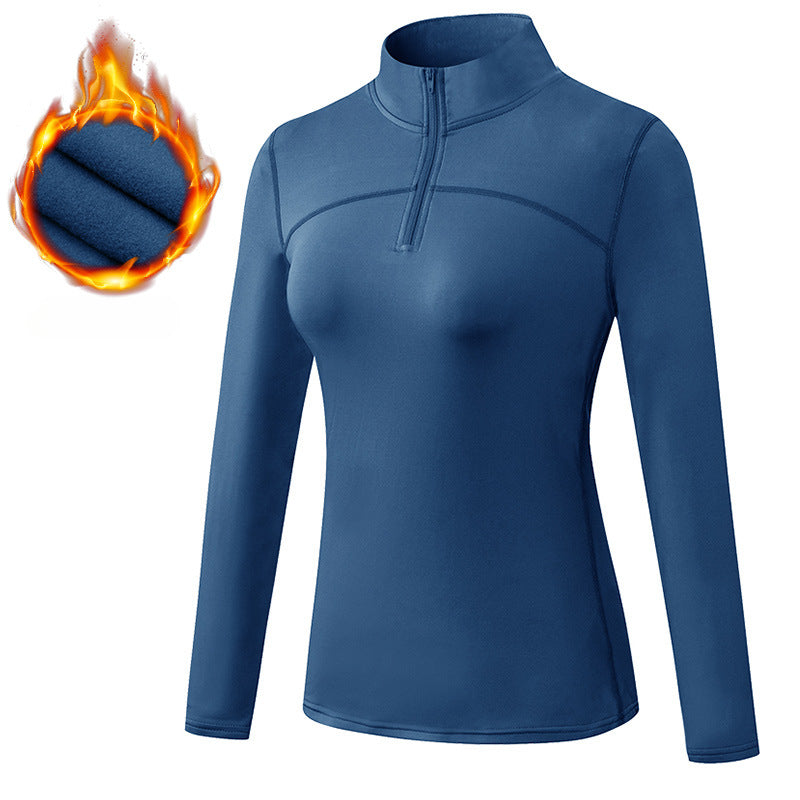Women's Autumn Winter Velvet Sport Long Sleeve High Elastic Tight Running Training Fitness Yoga Wear Stand Collar Sweater