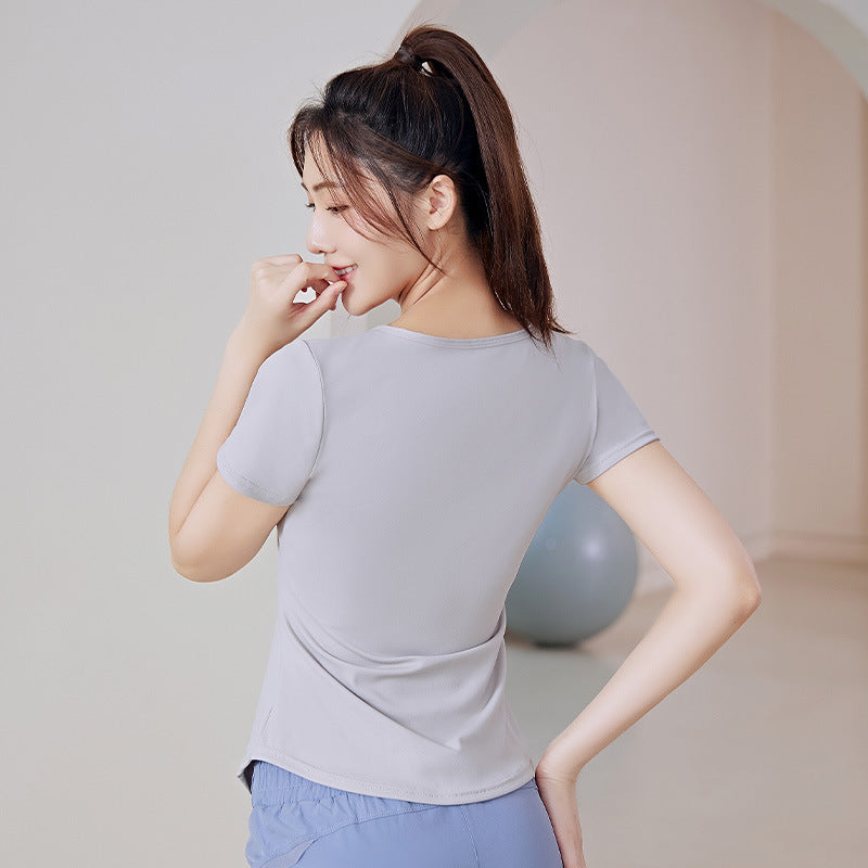 Summer V-neck Women's Quick-Dryin Waist Tight Loose Running Workout Slimming Yoga Clothes Short-Sleeved Sports T-shirt