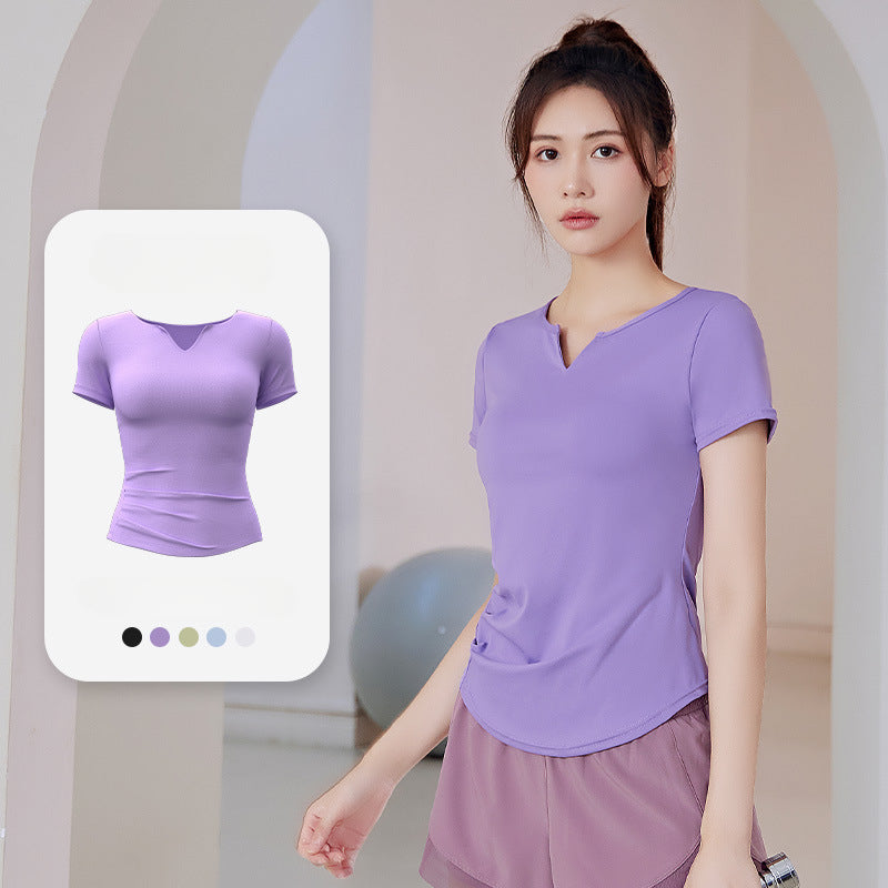 Summer V-neck Women's Quick-Dryin Waist Tight Loose Running Workout Slimming Yoga Clothes Short-Sleeved Sports T-shirt
