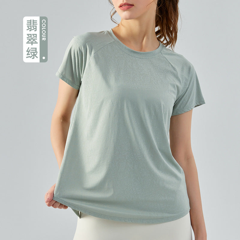 SpringSummer Jacquard Split Hollow Yoga Blouse Women's Lightweight Quick-Drying Short-Sleeved T-shirt Loose Breathable Yoga Top