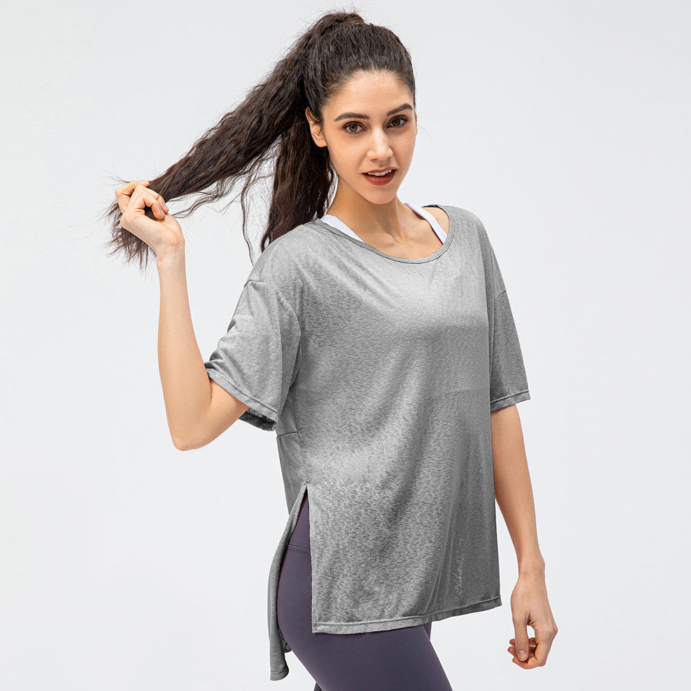 Spring Summer New Women's Sports Blouse Lightweight Breathable Running Loose Short Sleeve Split Quick-Drying Yoga T Shirts