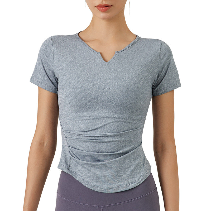 V-neck Pleated Yoga Short Sleeve Fitness Clothing Women's Shirt Quick Drying Summer New Exercise T-shirt