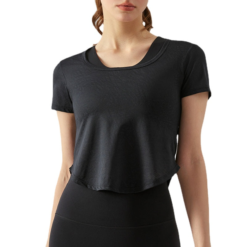 Jacquard Hollow-out Yoga Short Sleeve Sports Top Women's Short Breathable Quick-Drying T-shirt Yoga Workout Clothes