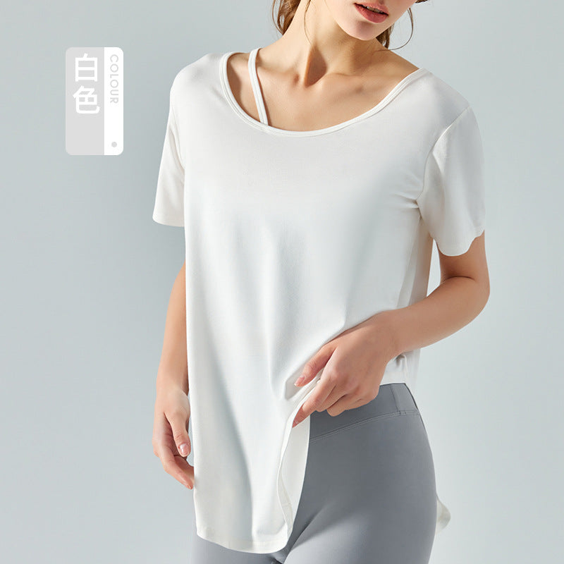 Loose Yoga Short Sleeve Skin-Friendly Quick-Drying Exercise Top Long Circular Lower Hem Thin Breathable Fitness T-shirt