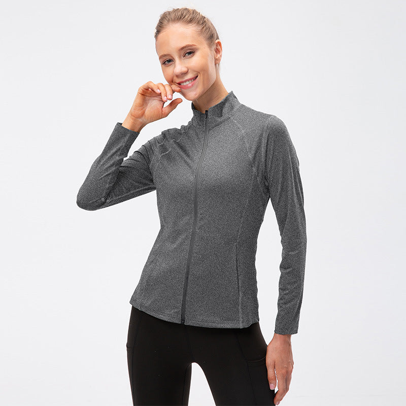 Women's Autumn Winter Zipper Long-Sleeved Sports Jacket Tight Fitness Yoga Clothes Stretch Quick-Drying Running Top