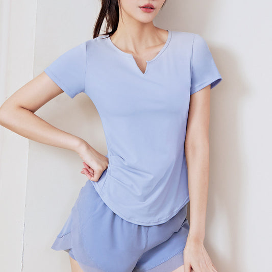 Summer V-neck Women's Quick-Dryin Waist Tight Loose Running Workout Slimming Yoga Clothes Short-Sleeved Sports T-shirt