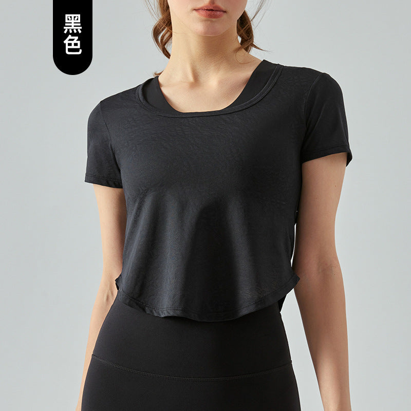 Jacquard Hollow-out Yoga Short Sleeve Sports Top Women's Short Breathable Quick-Drying T-shirt Yoga Workout Clothes