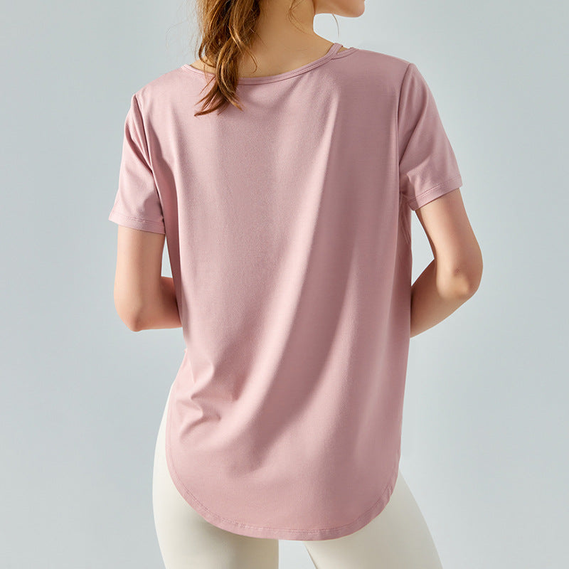 Loose Yoga Short Sleeve Skin-Friendly Quick-Drying Exercise Top Long Circular Lower Hem Thin Breathable Fitness T-shirt