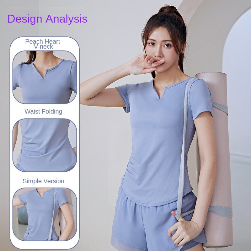 Summer V-neck Women's Quick-Dryin Waist Tight Loose Running Workout Slimming Yoga Clothes Short-Sleeved Sports T-shirt