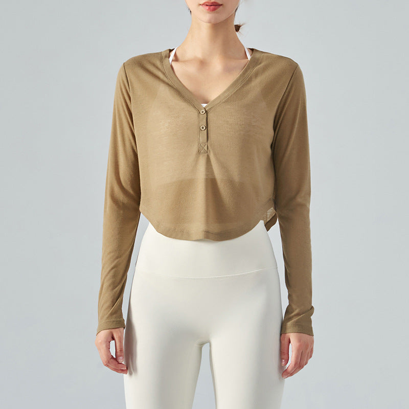 Spring Summer Loose V-neck Yoga Blouse Long-Sleeved T-shirt Casual Draping Effect Workout Top Lightweight Hollow Sports Blouse